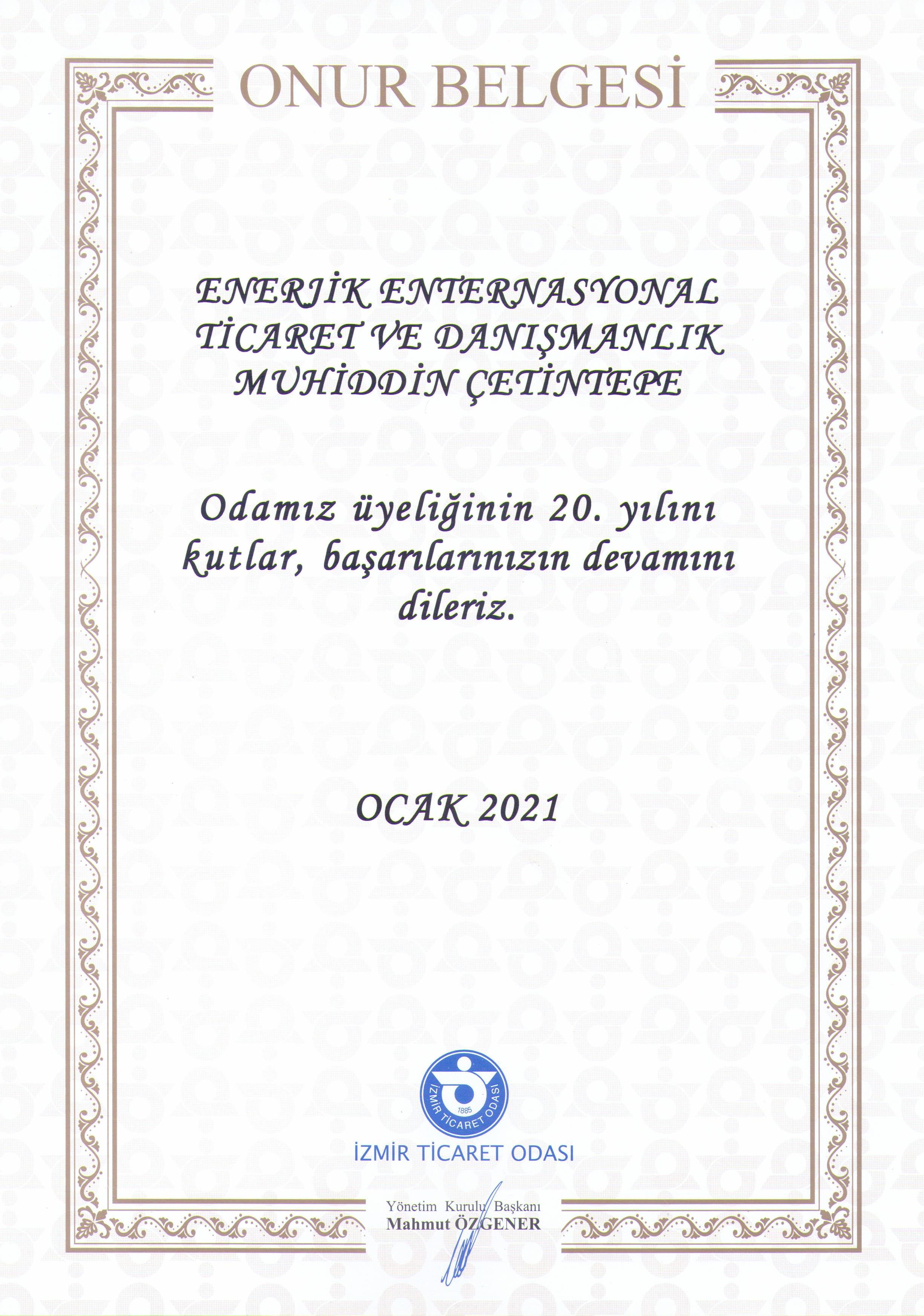 Enerjik Intl 20. Year Honor Cert of Izmir Chamber of Commerce (HONOR)